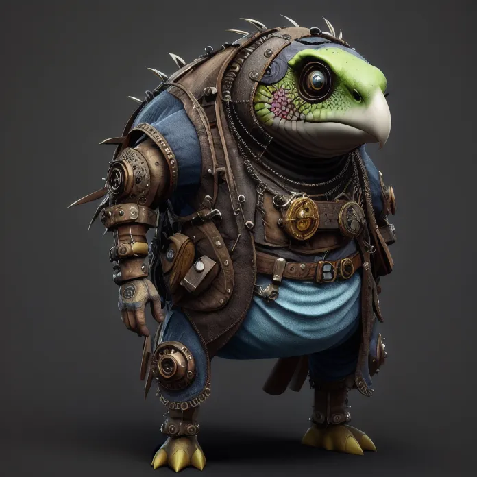 A imagem mostra uma tartaruga steampunk vestindo um colete azul e uma armadura de couro marrom. A tartaruga tem uma cabeça verde e patas amarelas. Ela também está usando um cinto marrom com um relógio nele. A tartaruga está em pé em um fundo cinza.