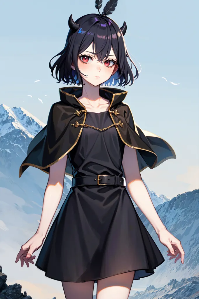 This is an image of a young woman with short black hair, red eyes, and black horns. She is wearing a black dress with a white belt and a black cape with a gold trim. She is standing in a snowy mountain landscape.