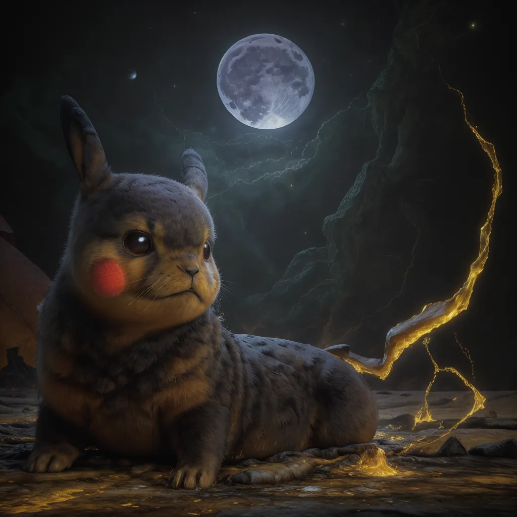 This image shows a realistic rendering of the popular Pokemon character, Pikachu. The creature is depicted with fur and a tail made of molten rock. It is standing on a rocky surface with a full moon in the background. The sky is dark and there are clouds.