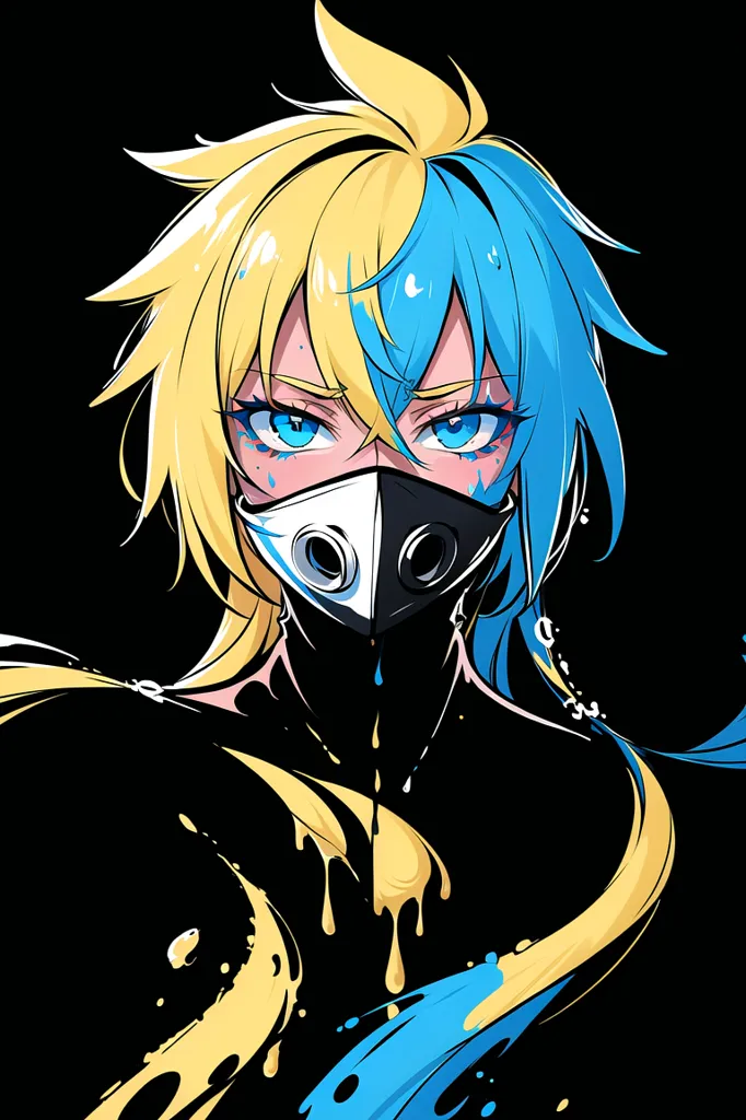 This is an illustration of a person with half of their hair blonde and the other half blue. They are wearing a black mask and their eyes are a light blue color. They are surrounded by blue and yellow paint.