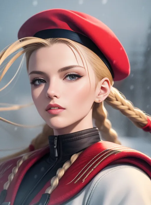 This is an image of a young woman with long blond hair and blue eyes. She is wearing a red beret, a white jacket, and a red scarf. The background is a snowy landscape. The woman's expression is serious and determined.