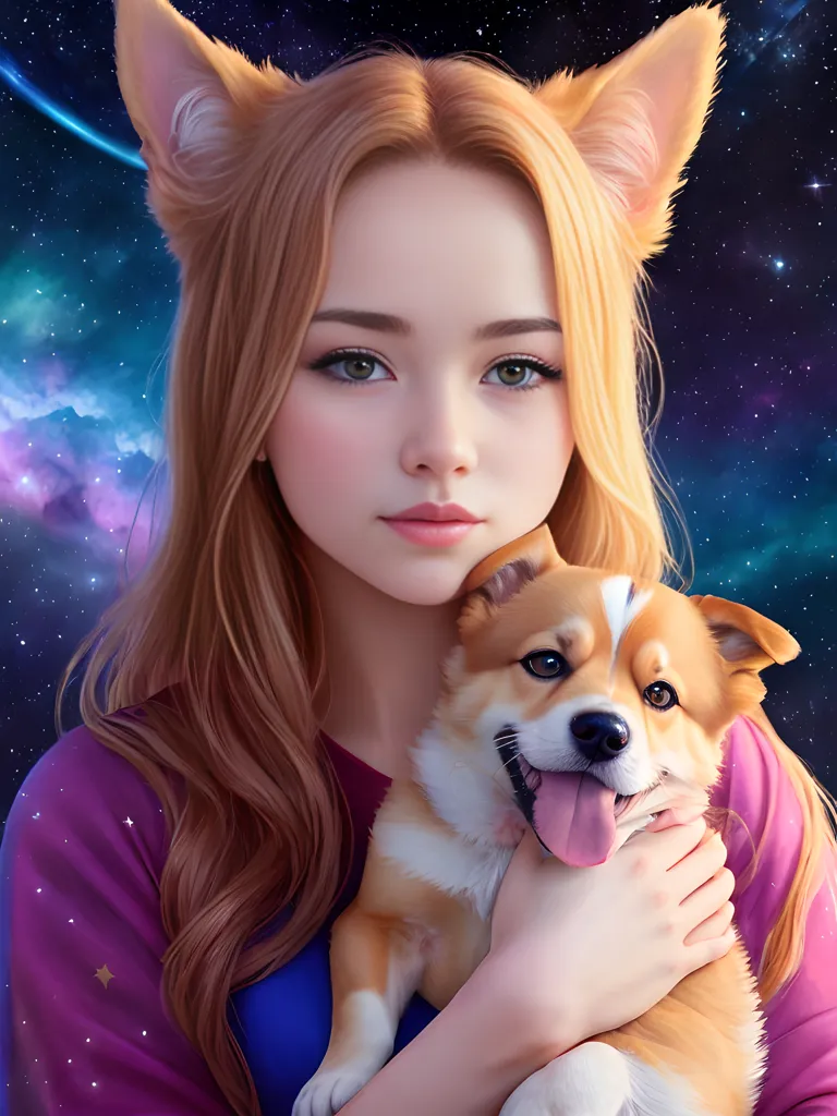 L'image montre une jeune femme aux longs cheveux blonds et aux yeux bruns. Elle a des oreilles de chien et porte un t-shirt violet. Elle tient un petit chien dans ses bras. Le chien a un pelage brun et blanc et sourit. L'arrière-plan est un ciel étoilé de nuit.