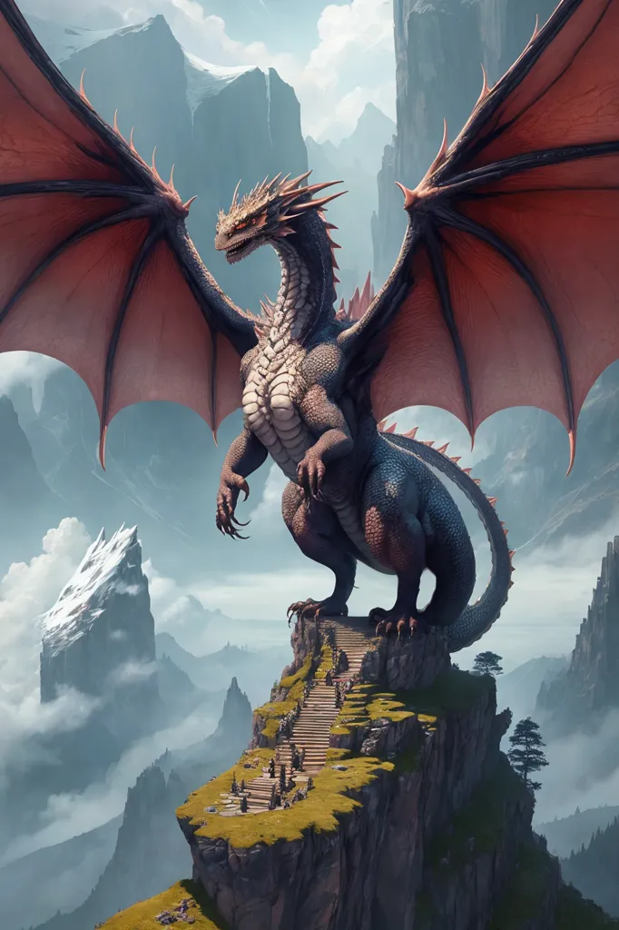 The image is of a large, red and gray dragon standing on a rocky hilltop. The dragon has its wings spread out and is looking down at a group of people who are climbing up the hill towards it. The dragon is standing on a pile of rocks and rubble, and there are mountains in the background. The sky is blue and there are clouds in the distance.