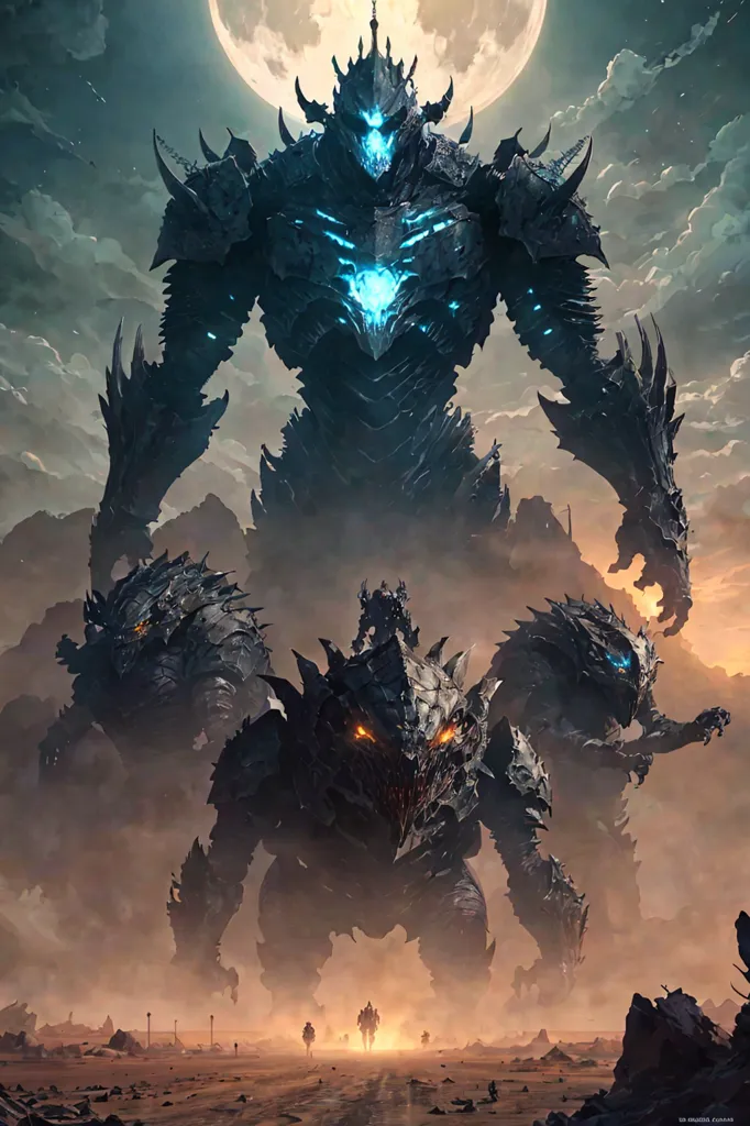 The image shows a group of four monsters. They are all very large and powerful-looking. The monsters are all made of metal and have glowing blue eyes. They are standing in a desert landscape and there are several human figures running away from them. In the background, there is a large moon.