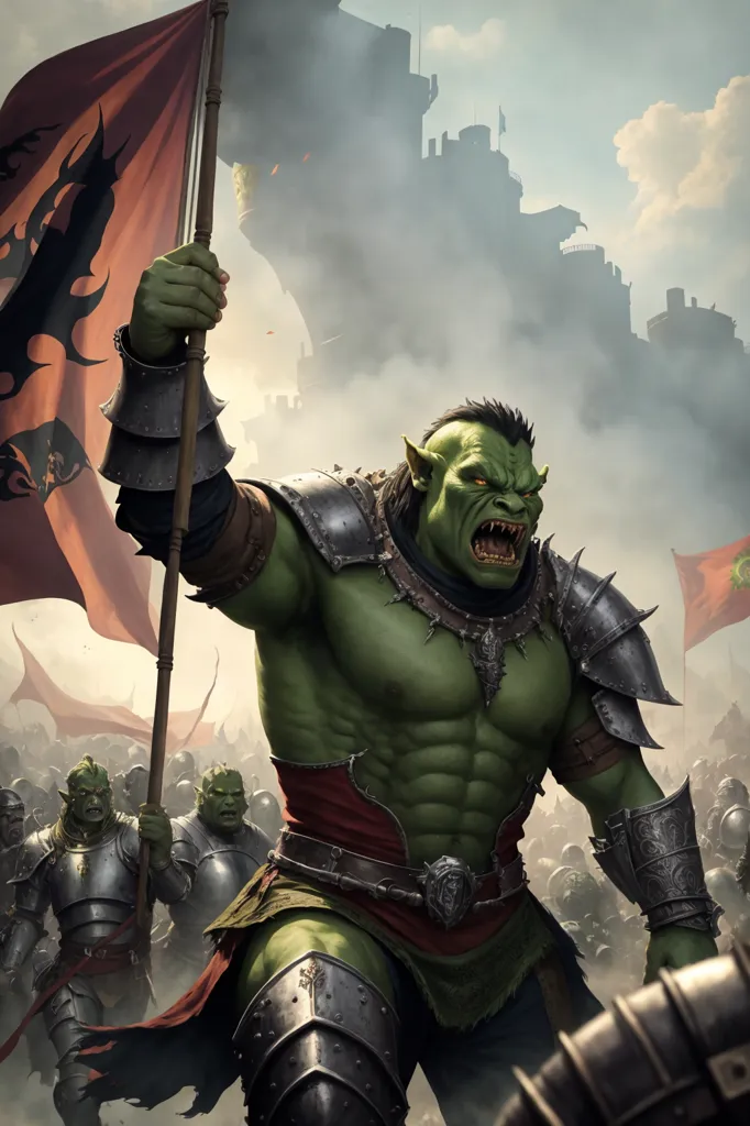 The image shows an orc army marching towards a castle. The orcs are led by a large, muscular orc who is carrying a standard. The standard is made of a red cloth with a black dragon emblazoned on it. The orc army is made up of a variety of different orcs, including some that are armed with swords, axes, and spears. The orcs are wearing a variety of different armor, including some that are made of metal and some that are made of leather. The castle is made of stone and has a large gate that is closed. The walls of the castle are lined with archers who are preparing to fire on the orcs.