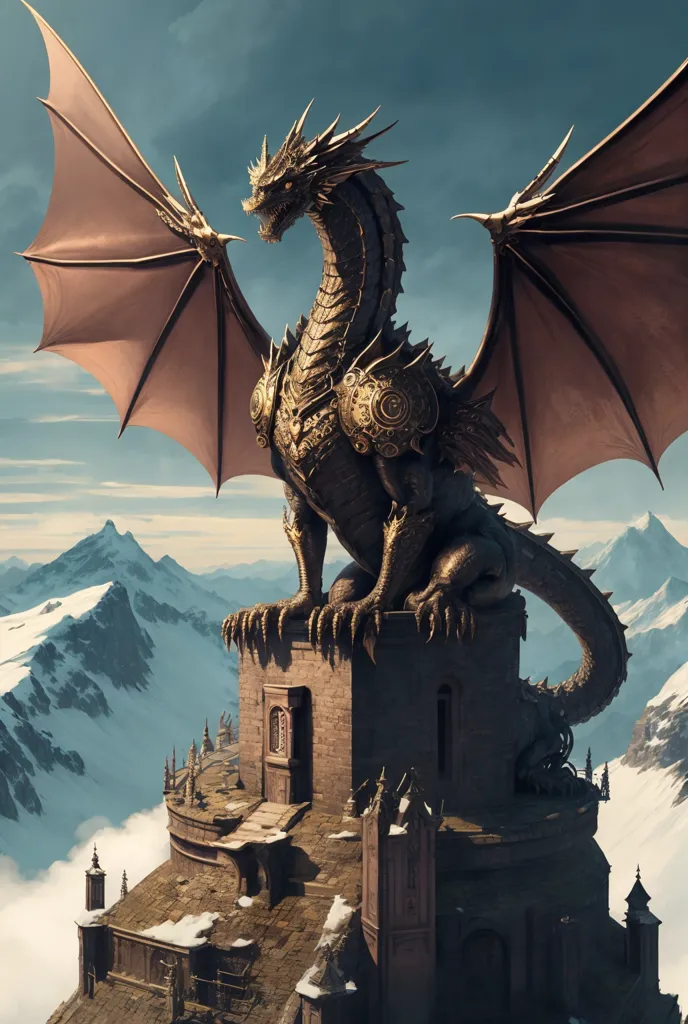 A imagem é uma pintura digital de um dragão empoleirado em uma torre. O dragão é preto e dourado com asas vermelhas. Ele tem um corpo longo e serpentino e um par de asas grandes. A torre é feita de pedra cinza e tem um telhado pontiagudo. O dragão está olhando para uma paisagem montanhosa. O céu é azul e há nuvens ao fundo.