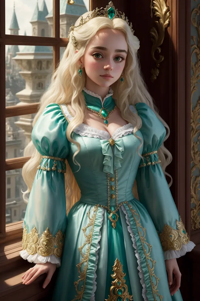 L'image montre une jeune femme, aux longs cheveux blonds ondulés, portant une robe médiévale bleue et dorée avec un camisole blanche et un collier et des boucles d'oreilles dorés. Elle se tient devant une fenêtre, la main gauche posée sur l'encadrement de la fenêtre. L'arrière-plan montre une vue floue d'un paysage urbain avec un château au loin.