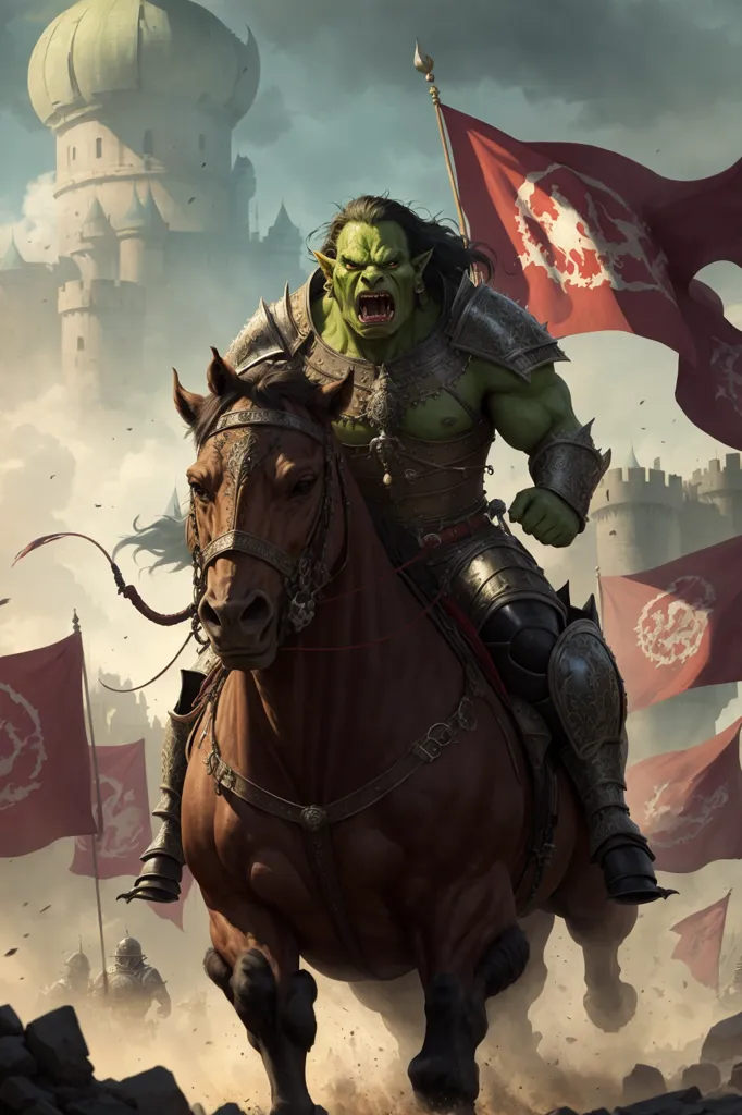 The image shows an orc riding a horse. The orc is wearing armor and a red cape. He has a sword in one hand and a flag in the other hand. The horse is brown and has a long mane. The orc is riding in front of a castle. There are other orcs following him. They are all carrying weapons and they look like they are ready to fight.