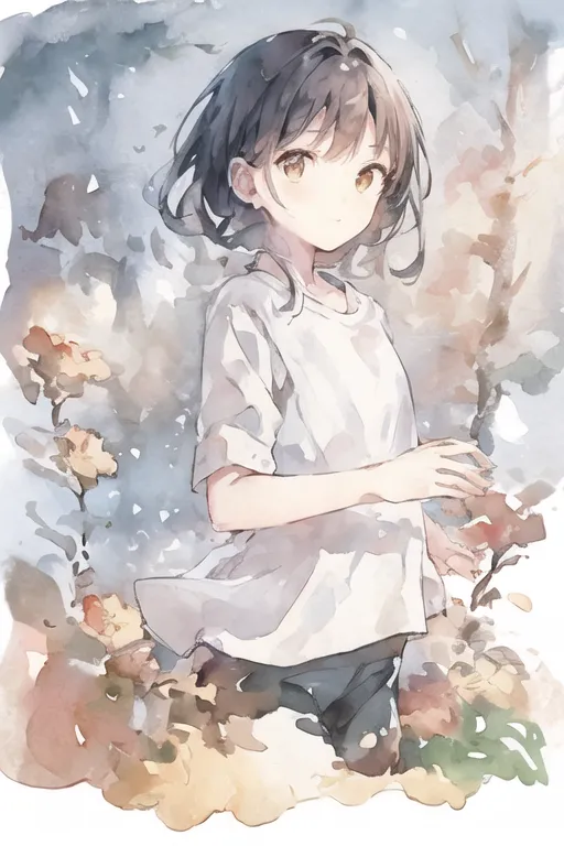 Esta é uma imagem de uma garota em estilo anime com cabelos castanhos e olhos amarelos. Ela está usando uma camisa branca e shorts pretos. Ela está em pé em um campo de flores, e também há algumas flores em seu cabelo. O fundo é um borrão de azul claro e amarelo. A imagem tem um aspecto suave e pintado.