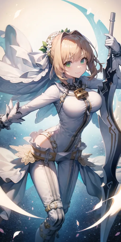 The image is of a young woman with long blonde hair and green eyes. She is wearing a white dress with a thigh-high slit and a large white bow on her chest. She is also wearing a pair of white gloves and a pair of white boots. She is holding a large sword in her right hand. She has a small green lock on her collar. She is standing in a field of white flowers. There is a large moon in the background.