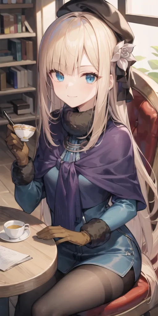 The image is of a beautiful anime girl with long blonde hair and blue eyes. She is wearing a blue dress with a white collar and a purple cape. She is also wearing a brown hat and gloves. She is sitting in a chair and drinking tea. There is a book on the table next to her. The background is a library with bookshelves and a large window.