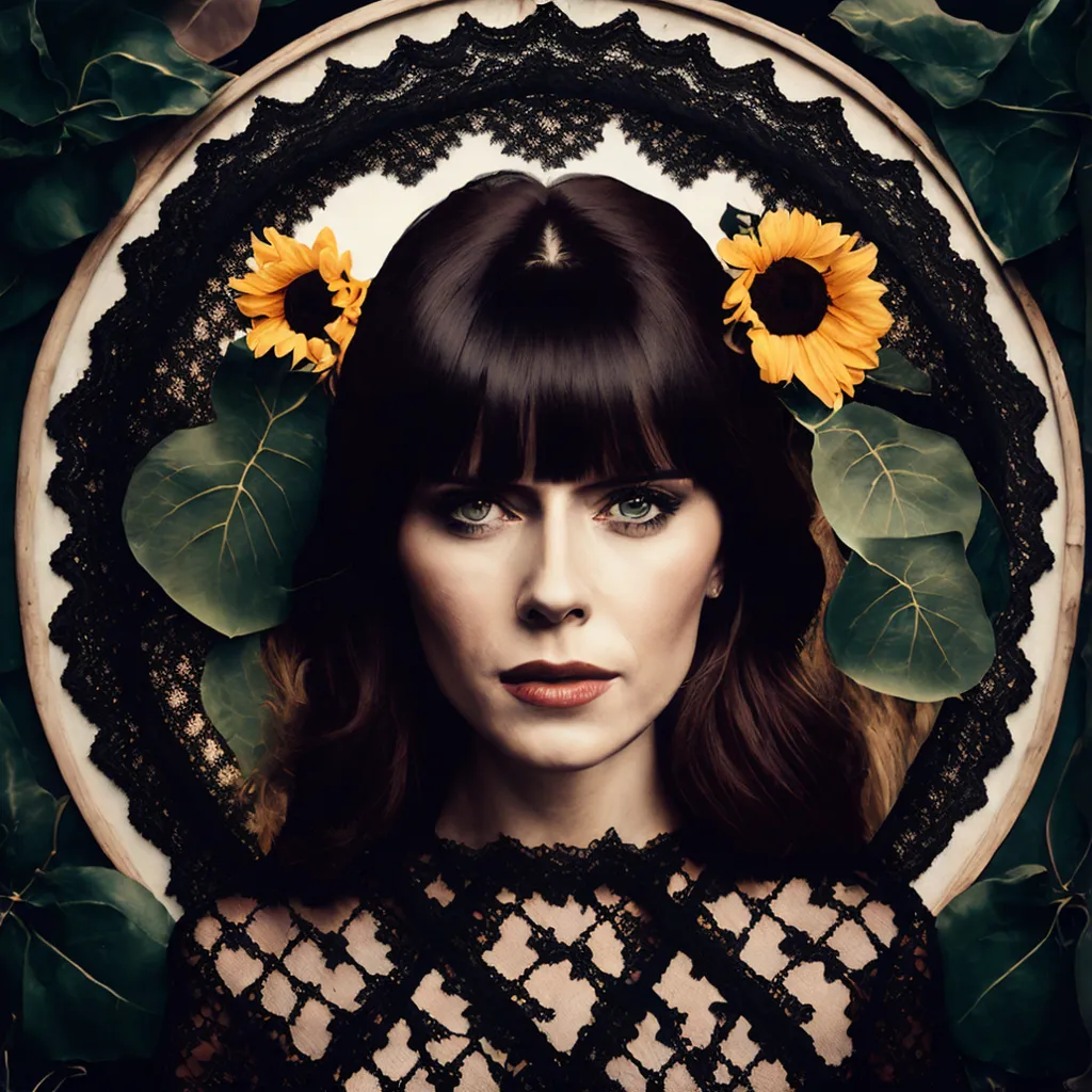 The image is a portrait of a woman with long dark hair and green eyes. She is wearing a black lace dress with a high collar. There are two sunflowers in her hair. The background is a dark green with a circular frame of black lace with sunflowers and leaves. The woman's expression is serious and thoughtful.