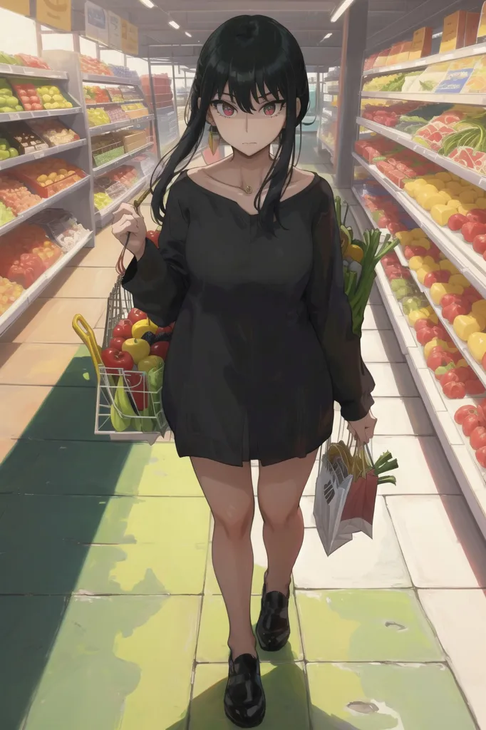 The image depicts a young woman with long black hair and red eyes. She is wearing a black dress and black shoes. She is in a supermarket, pushing a shopping cart full of groceries. There are shelves of food on either side of her.