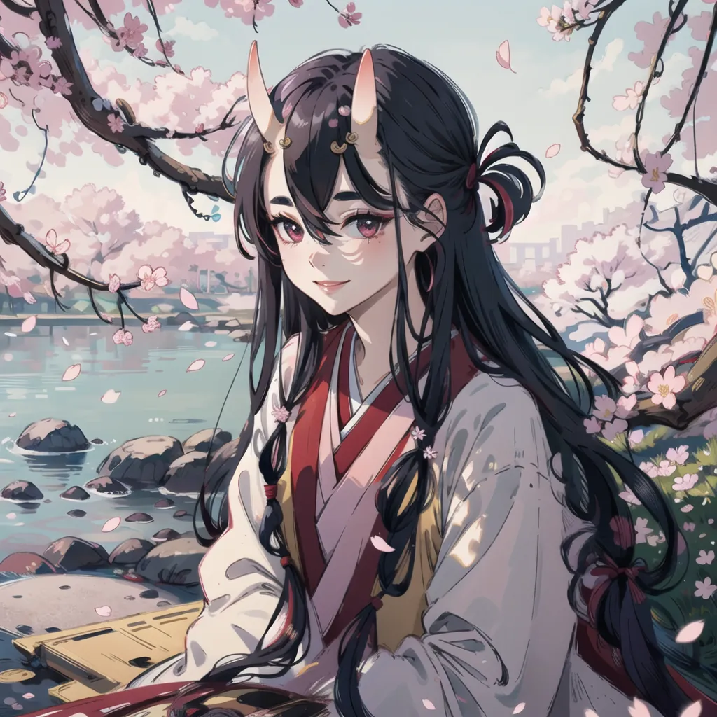 The picture shows a young woman with long black hair and black horns sitting on a rock near a river. She is wearing a white kimono with a red obi. The woman is surrounded by cherry blossoms. The background of the picture is a river and a forest. The picture is made in an anime style.