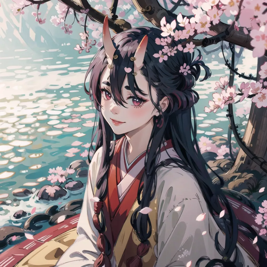 The image is a painting of a young woman with long black hair and purple eyes. She is wearing a traditional Japanese kimono with a red obi sash. She is sitting on a rock by a river, and there are cherry blossoms falling around her. The background is a blur of green and pink, and the overall effect is one of peace and tranquility.