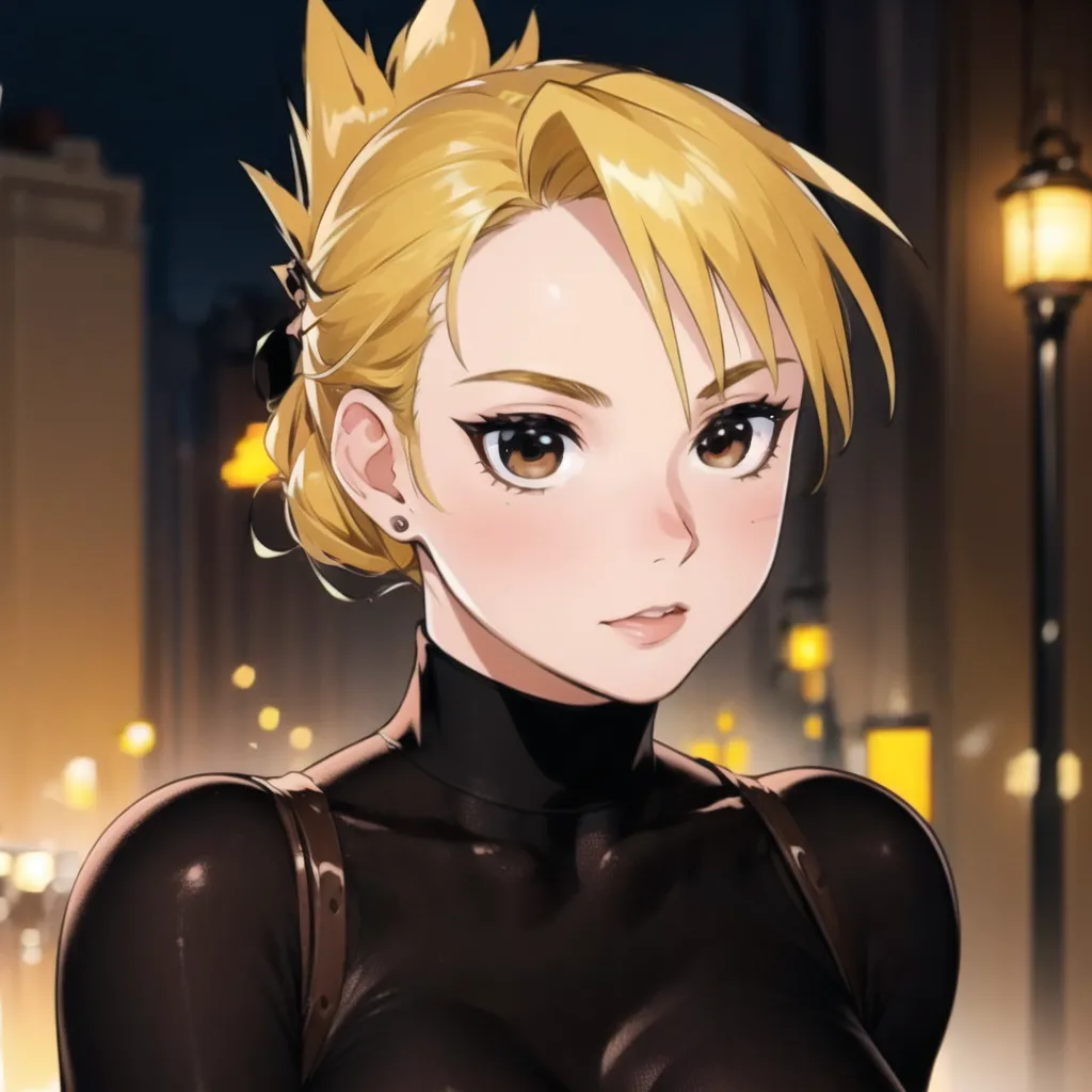 The image is a digital painting of a young woman with blonde hair and brown eyes. She is wearing a black turtleneck bodysuit with a high collar. The bodysuit has a zipper in the front and is sleeveless. She is also wearing a pair of black gloves. Her hair is pulled back into a ponytail and she has a small hoop earring in her left ear. She is standing in front of a blurred cityscape at night. The city lights are reflected in her eyes.