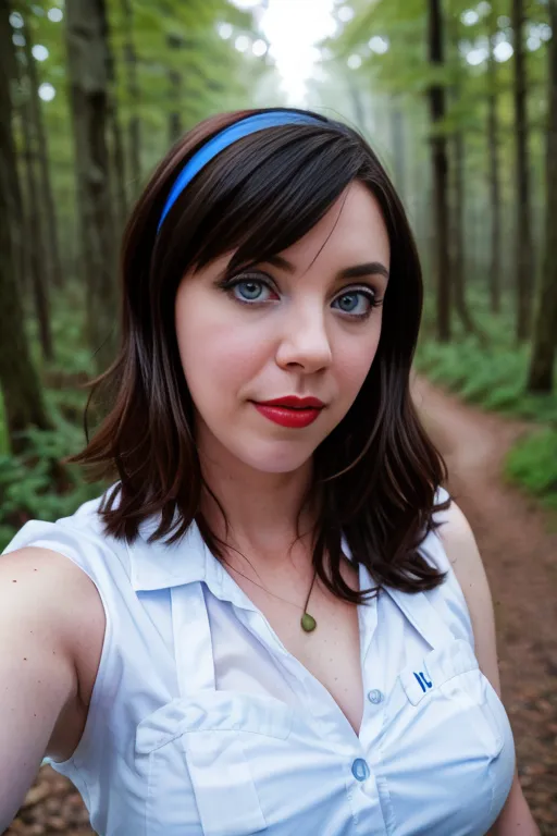 The image shows a young woman with brown hair and blue eyes. She is wearing a white blouse and a blue headband. She is standing in a forest and looking at the camera. The background is blurry, but you can see some trees in the distance. The woman has a serene expression on her face. She is wearing light makeup and her hair is styled in a way that is both casual and flattering. The image is taken from a slightly elevated angle, which makes the woman appear more confident and powerful.