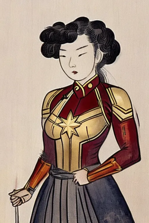 Esta imagem mostra uma mulher vestindo um traje de super-herói vermelho e dourado com uma saia branca. Ela tem cabelos pretos e olhos castanhos, e está segurando uma espada na mão direita. O fundo é branco e há uma pintura estilo japonês de uma onda no fundo.