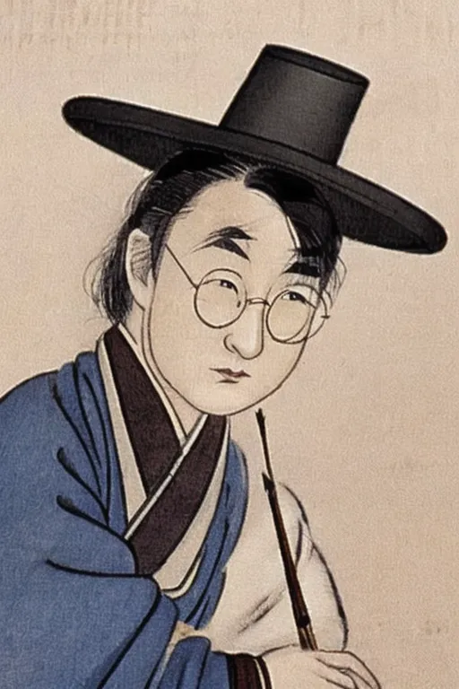 This is a painting of Shin Saimdang. She is wearing a gat. She is wearing glasses and holding a brush.