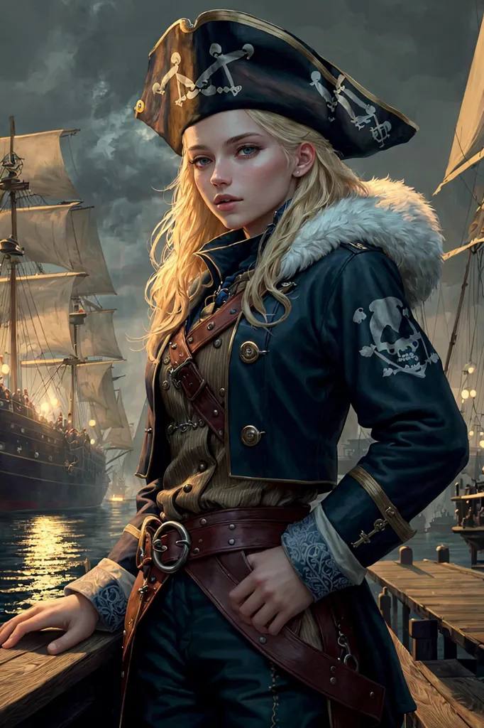 The picture shows a young woman dressed as a pirate. She is wearing a black tricorn hat with a white skull and crossbones on it. She has a white shirt and a blue coat with gold buttons. She also has a brown belt with a gold buckle and a sword hanging from it. She is standing on a wooden dock with her left hand resting on the railing and her right hand on her hip. There are several ships in the background.