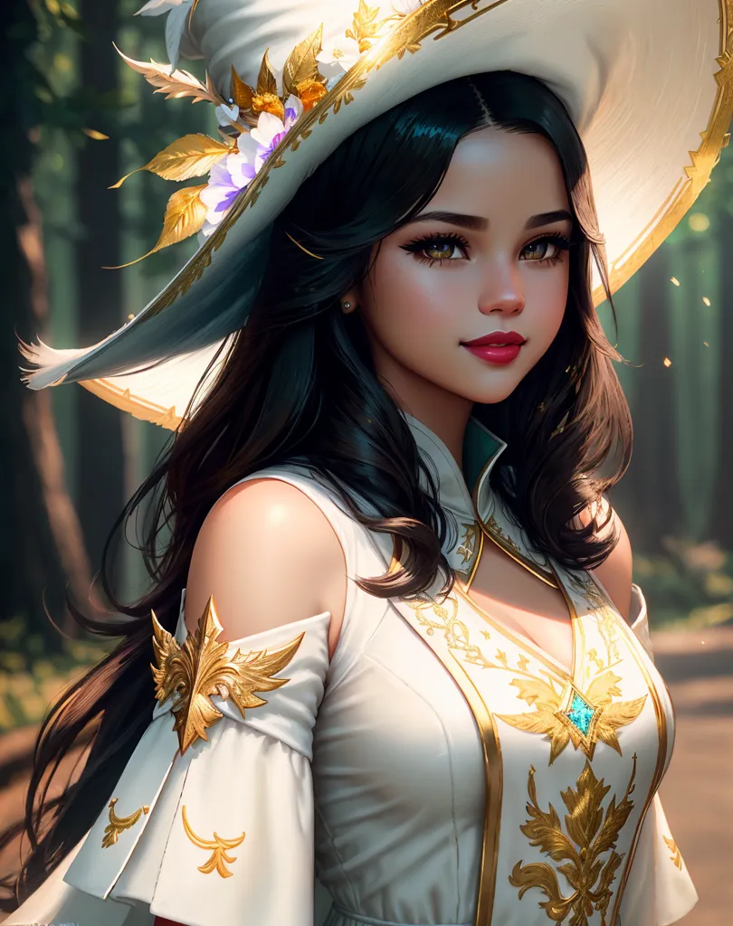 This is an image of a beautiful young woman, with long, flowing brown hair. She is wearing a white dress with gold trim, and a large white hat with a brim that is decorated with flowers and feathers. The woman is standing in a forest, and she is looking at the viewer with a serene smile on her face.