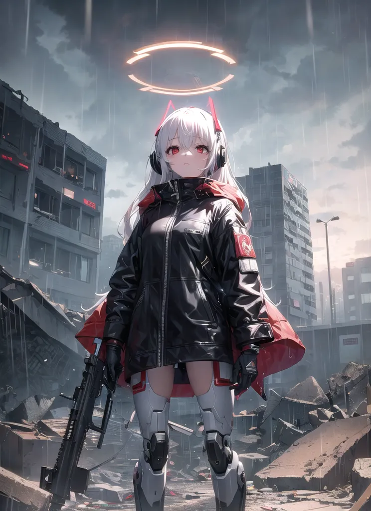 The image is of an anime girl with white hair and red eyes. She is wearing a black jacket and a red cape. She is also wearing headphones and has a halo above her head. She is standing in a ruined city, and there is a large gun on the ground next to her.