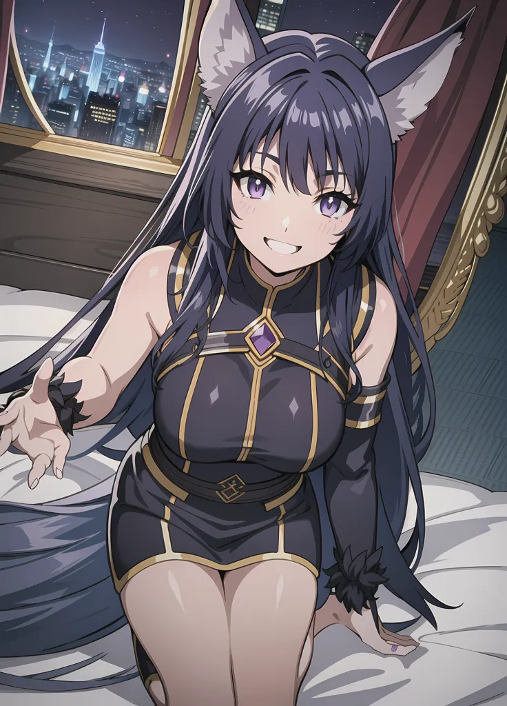 The image is of an anime-style girl with long purple hair and cat ears. She is wearing a black and purple dress with a white gem in the center. She is sitting on a bed in a room with a large window. The window is showing a night cityscape. The girl is smiling and has her hand out, as if she is inviting the viewer to join her.