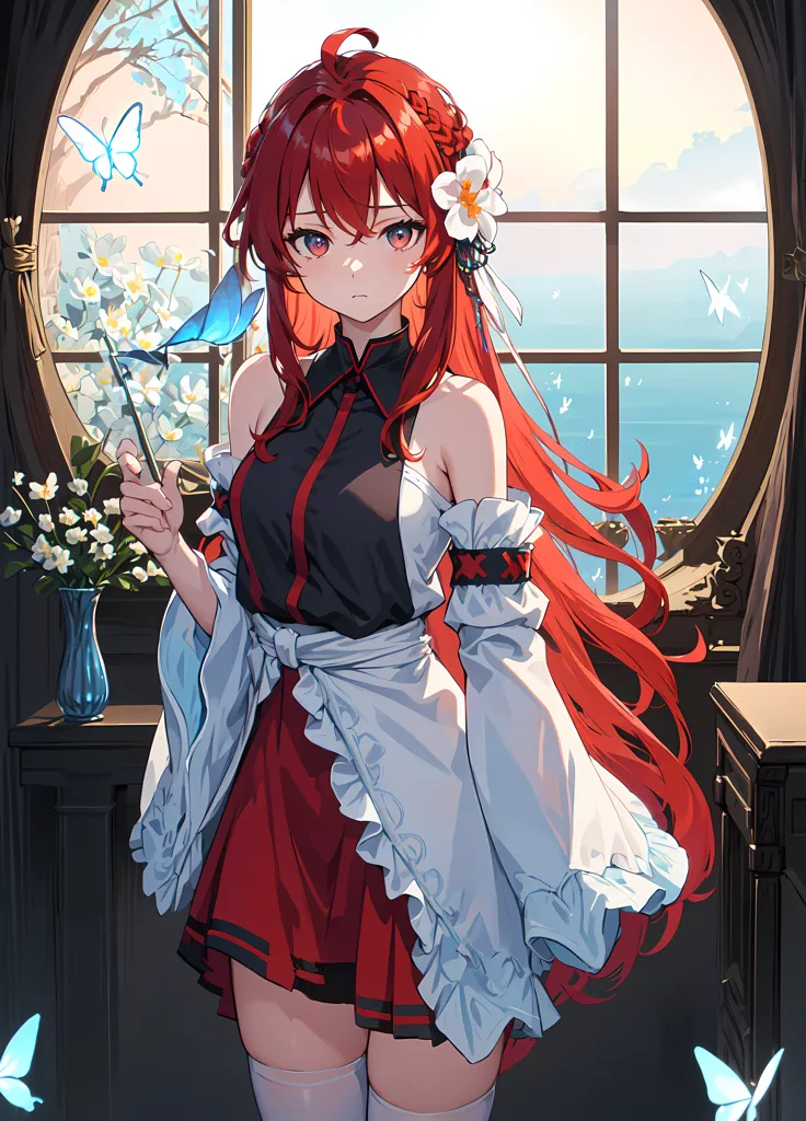 The image is a painting of a young woman with long red hair and red eyes. She is wearing a black and red dress with a white sash. There are butterflies fluttering around her and flowers in the background. The painting has a soft, romantic feel to it.