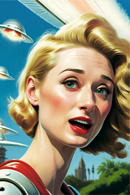 The picture shows a beautiful woman with blond hair and red lips. She is wearing a red and white outfit. She looks surprised and is looking to the right of the frame. There are several flying saucers in the sky behind her.