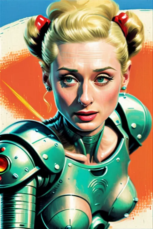 This is an image of a woman who appears to be a robot. She has blonde hair tied up in two buns on top of her head with red hair ties. She is wearing a green and silver metallic breastplate. The background is orange and yellow.