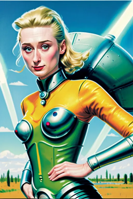 Ceci est une image d'une femme qui semble venir du futur. Elle porte une tenue jaune et verte et a un pistolet laser à sa hanche. Elle se tient devant un fond bleu avec des nuages. L'image est dans un style rétro-futuriste et rappelle les magazines pulp des années 1950.