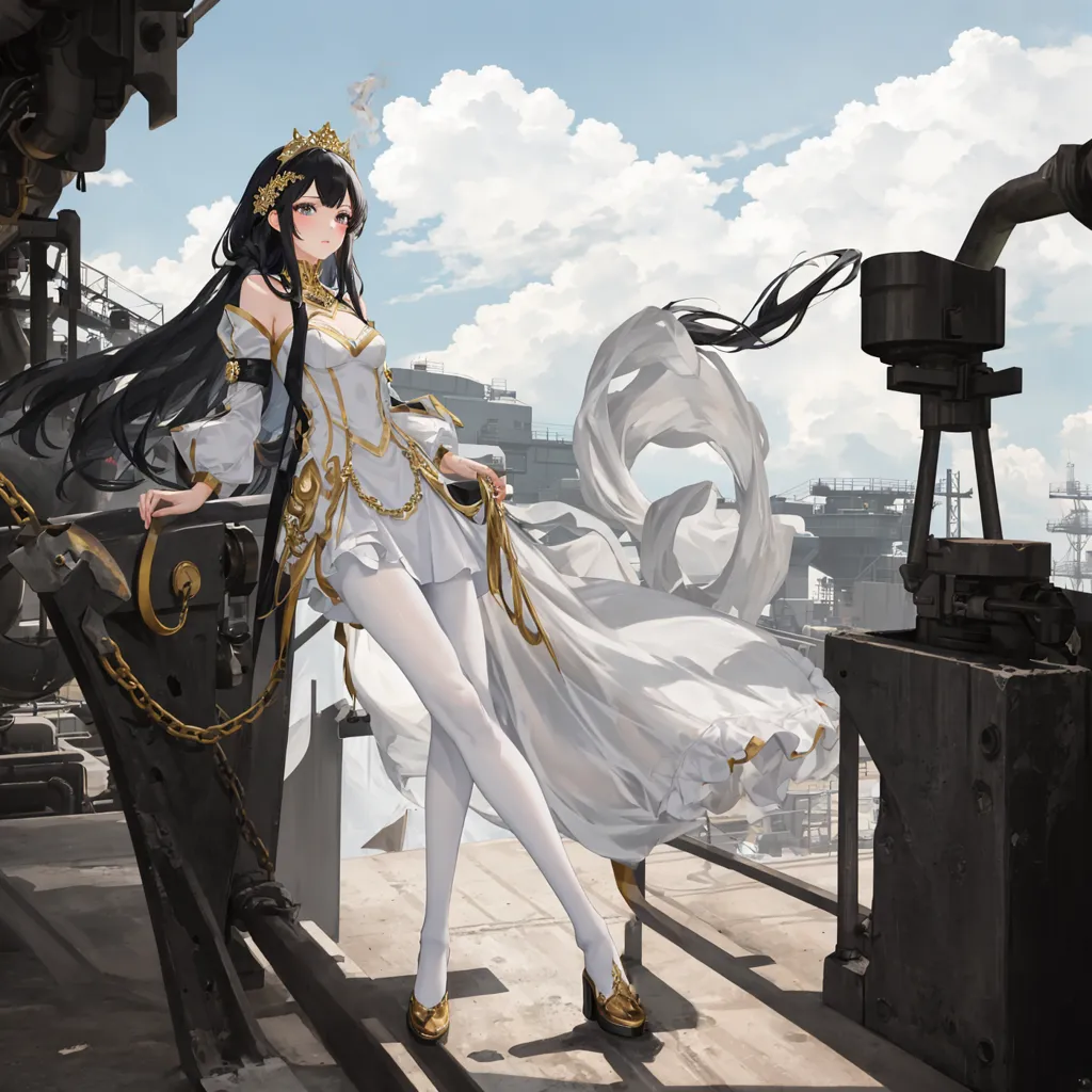 The image is of a young woman standing on a metal platform. She is wearing a white dress with a thigh-high slit and a gold crown. She has long black hair and red eyes. She is standing in front of a large machine. There are buildings and a large ship in the background. The sky is cloudy.