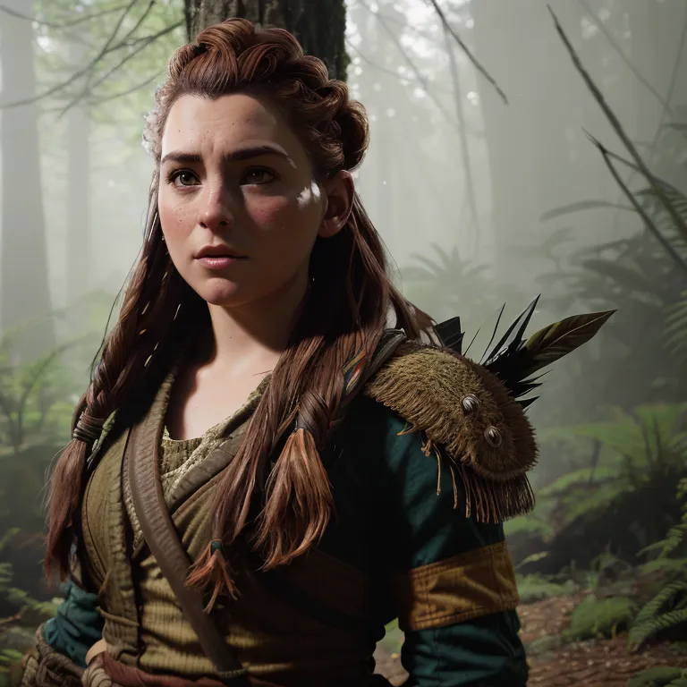 The image shows a young woman with long brown hair and green eyes. She is wearing a green and brown outfit made of animal skins and leather. She has a quiver of arrows on her back and a bow in her hand. She is standing in a forest, looking to the right of the frame. The background is blurry, with trees and mist.