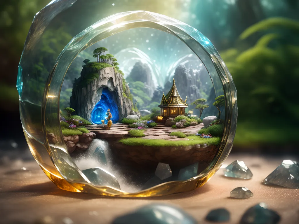 The image is a 3D rendering of a glass sphere with a fantasy landscape inside. The sphere is sitting on a brown surface which is surrounded by several small rocks and crystals. Inside the sphere, there is a small island with a house on it. The island is surrounded by water and there is a small waterfall coming down from the mountain behind the house. The water is flowing into a small pond. There are some trees and plants on the island. The sky is blue and there are some clouds in the sky. The image is very detailed and realistic.