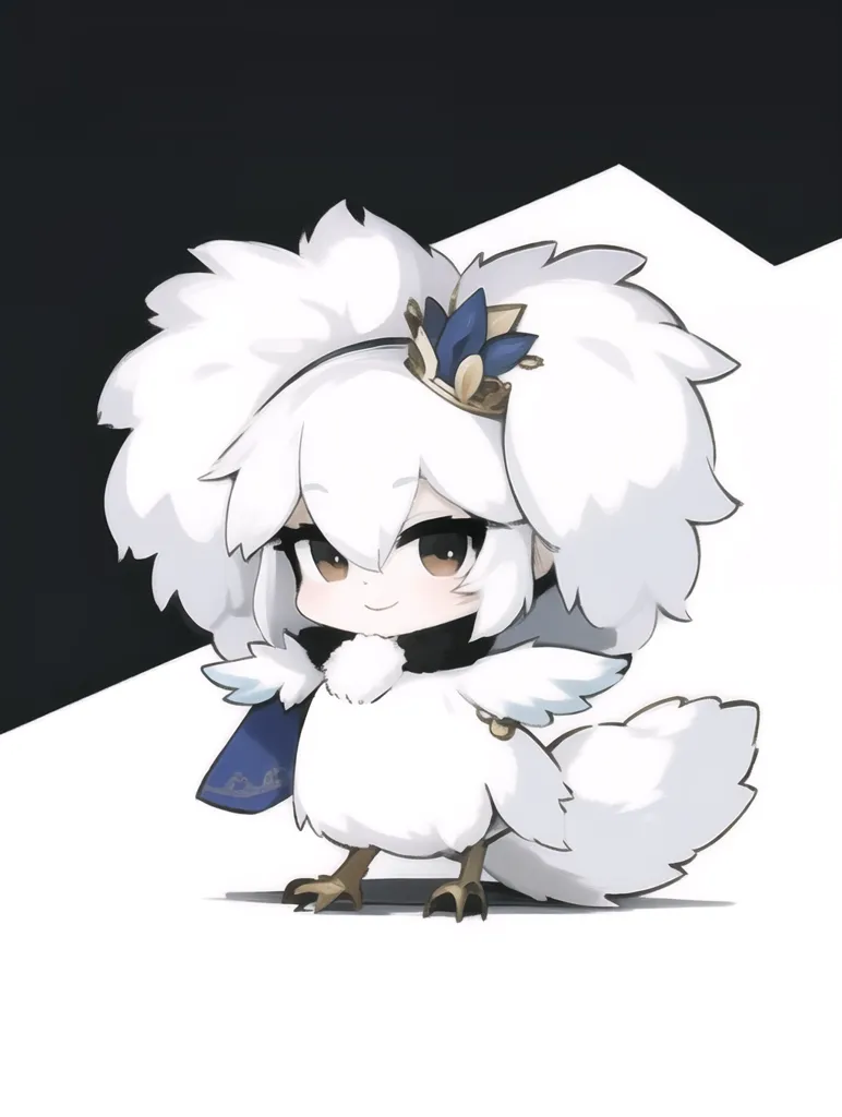 La imagen es de una pequeña criatura de estilo chibi con apariencia de pájaro, con plumas blancas y una corona dorada. Tiene orejas grandes y esponjosas, y una cola larga y ondulante. La criatura está parada sobre un pequeño parche de tierra, y hay un fondo oscuro detrás de ella.