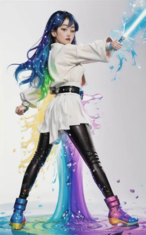 The image is of a young woman dressed in a white shirt and black pants. She is holding a blue lightsaber and is standing in a puddle of rainbow-colored liquid. The woman has long blue hair and is wearing a black belt. She is also wearing blue and pink sneakers. The background is white.