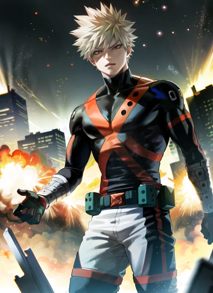 The image is of a young man with spiky blond hair and red eyes. He is wearing a black and orange hero costume with a white belt. He is standing in a city with explosions happening behind him. He has one hand raised and is looking at the viewer with a serious expression.