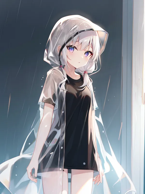 A imagem é de uma menina jovem em pé na entrada de uma porta sob a chuva. Ela está usando uma camiseta preta e um casaco de chuva transparente com orelhas de gato no capuz. A menina tem cabelos brancos e olhos roxos, e ela está olhando para o espectador com uma expressão levemente triste. O fundo da imagem está desfocado e está chovendo muito.