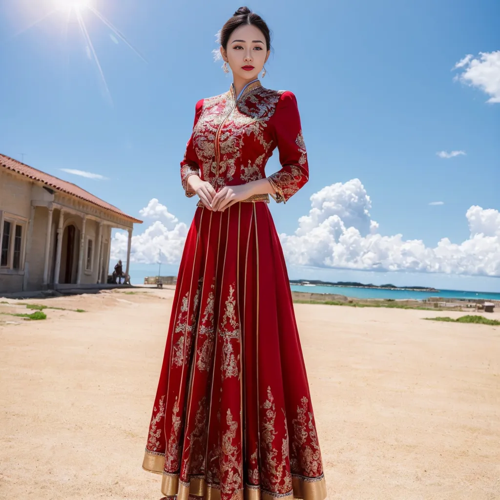 La imagen muestra a una mujer joven que lleva un vestido rojo bordado. El vestido tiene un cuello alto y mangas largas. La falda es amplia y acampanada. El cabello de la mujer está recogido en un moño y lleva maquillaje tradicional chino. Está de pie en un hermoso entorno al aire libre con un edificio tradicional chino de fondo.