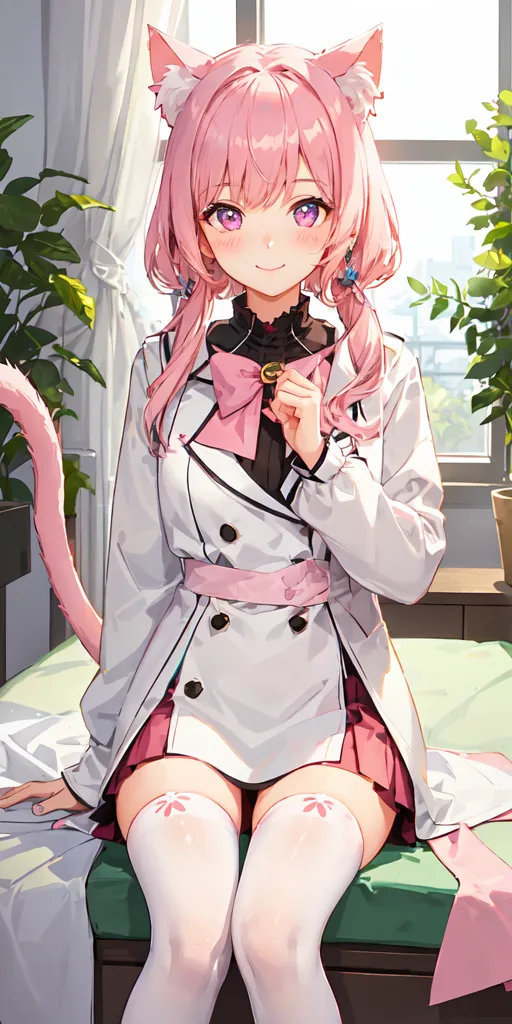 The image shows a young woman with pink hair and cat ears. She is wearing a white coat and a pink bow tie. She has a pink skirt and white thigh-high socks. She is sitting on a bed with a green blanket. There are plants and a window in the background. The woman is smiling and has her eyes closed.