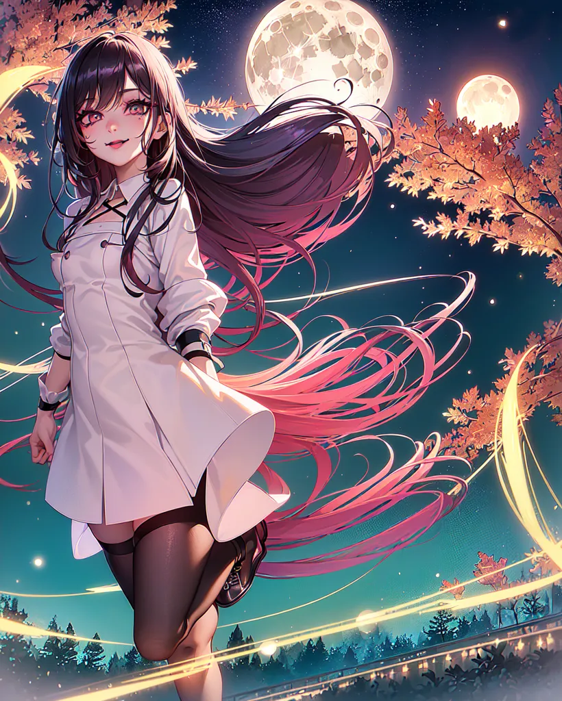 The image is a painting of a young woman with long, flowing hair. She is wearing a white dress and black stockings. The background is a night sky with two moons. The woman is smiling and has her eyes closed. There are also some trees with orange leaves in the background.