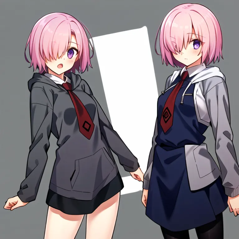 The image shows a pair of anime girls with pink hair and purple eyes. They are both wearing grey hoodies with a red and black diamond-shaped symbol on them. The girl on the left is wearing a black skirt, while the girl on the right is wearing a grey apron over her skirt. They are both looking at the viewer with a slightly surprised expression.