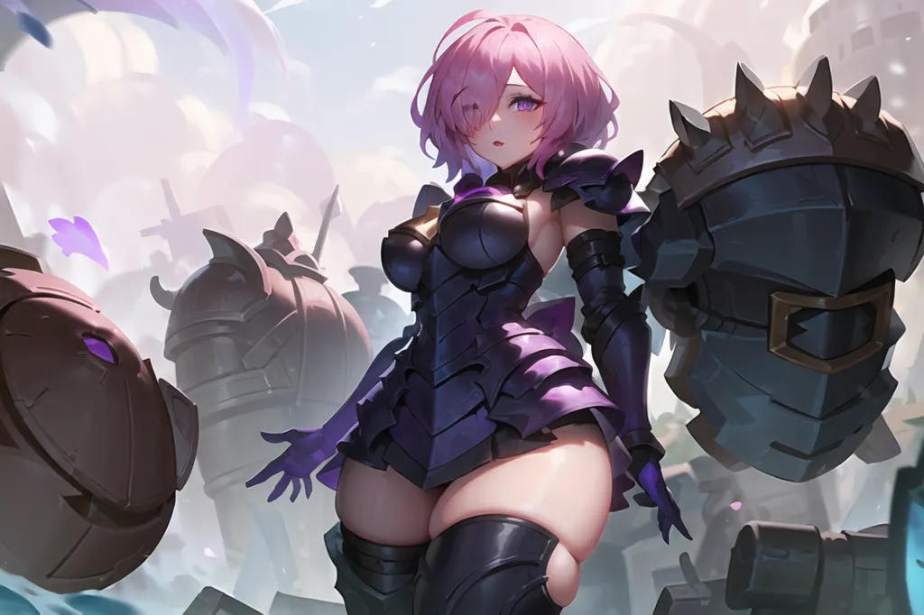 The image is of a young woman with pink hair and purple eyes. She is wearing a purple and black bodysuit with a metal breastplate and thigh-high boots. She is also wearing a pair of metal gauntlets and a helmet with a visor. She is standing in a field of rubble and there are several large metal objects in the background.