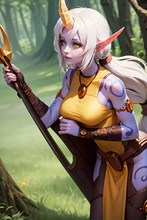 This image shows a female character with white hair and blue skin. She is wearing a yellow outfit and has a yellow horn on her forehead. She is carrying a staff and there are trees and bushes in the background.