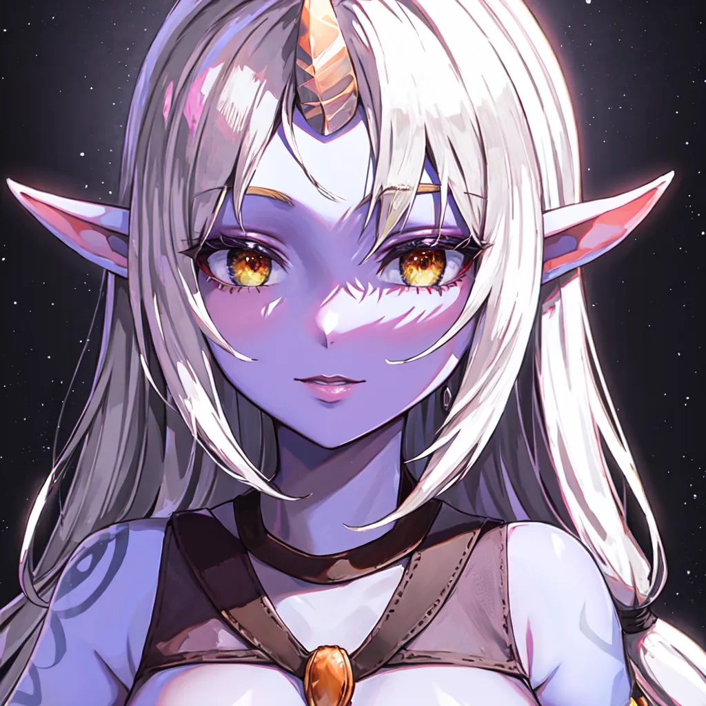 The image is of a beautiful, young woman with long, white hair and purple skin. She has pointed ears and a single horn on her forehead. She is wearing a brown and gold-colored outfit and has a confident expression on her face. The background is a starry night sky.