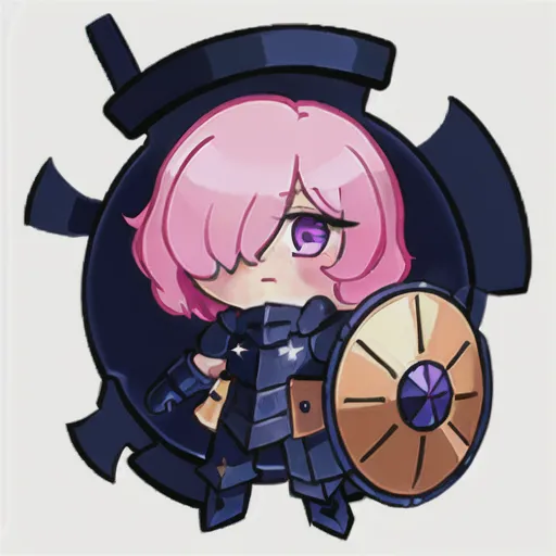 This is an image of a chibi version of the character Mash Kyrielight from the Fate/Grand Order mobile game. She is depicted in her first ascension outfit, which consists of a dark blue and gold suit of armor with a pink cape. She is also carrying a large kite shield with a golden sunburst design on the front. Her pink hair is styled in a short bob with bangs, and her purple eyes are wide open. She has a serious expression on her face, as if she is about to engage in battle. The background of the image is a simple white, and there is a black circle with a white outline around Mash.