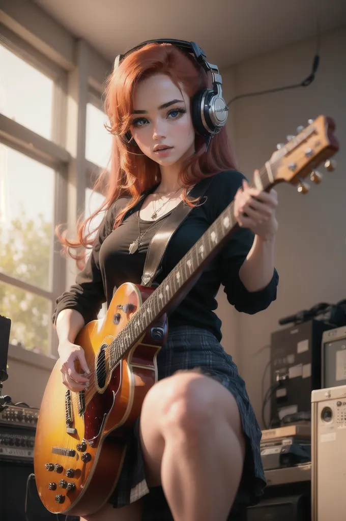 The image shows a young woman with long red hair and blue eyes. She is wearing a black tank top, a gray skirt, and headphones. She is sitting on a stool, playing an acoustic guitar. There is an amplifier and other music equipment in the background. The image is rendered in a realistic style, and the woman's expression is one of concentration and enjoyment.