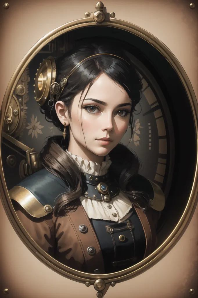 A imagem mostra uma jovem mulher com cabelos escuros longos. Ela está usando um traje de estilo steampunk marrom com uma camisa branca rendada e um casaco marrom com botões dourados. Ela tem um acessório em forma de engrenagem no cabelo e um relógio atrás da cabeça.