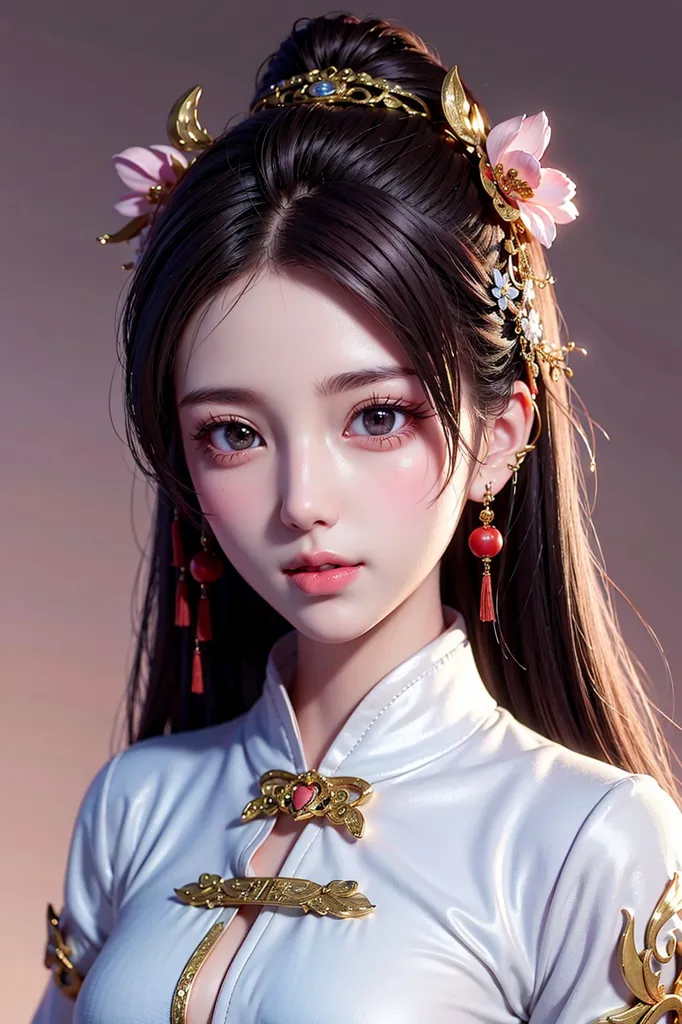 The image shows a young woman with long black hair and brown eyes. She is wearing a white and gold cheongsam with a pink flower in her hair. She is also wearing red earrings and a necklace. The background is a dark pink. The woman is looking at the viewer with a slight smile on her face.