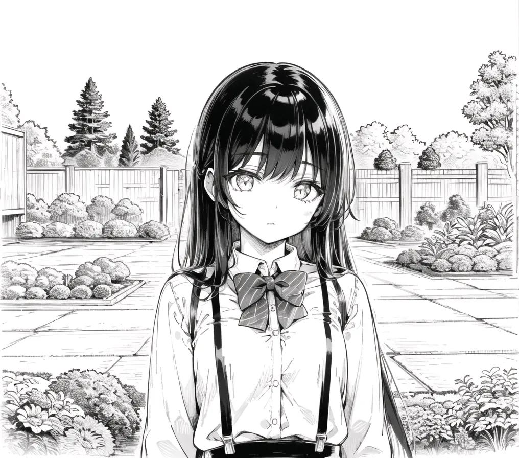 A black and white image of a young girl with long black hair. She is wearing a white button-down shirt, suspenders, and a bow tie. She is standing in a garden, looking at the camera with a shy expression on her face.